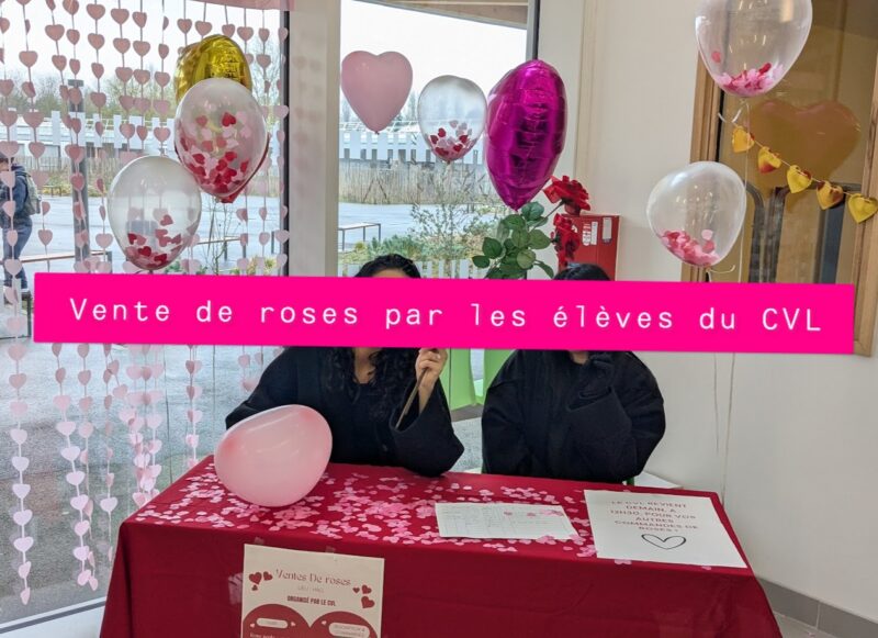 Deux jeunes filles au stand de vente de roses organisée dans un lycée par les membres du Conseil de vie lycéenne (CVL), masquées par un panneau sur lequel est écrit "Vente de roses par les élèves du CVL". Dans le fond, la cour de récréation. A l'avant, une table avec des affiches derrière laquelle sont présents plusieurs ballons de baudruche sous forme de cœurs